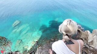 Girl passionately sucks dick of her ex-boyfriend on the ocean shore