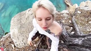 Girl passionately sucks dick of her ex-boyfriend on the ocean shore