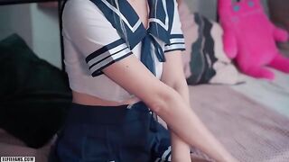 A cute schoolgirl was fucked and received a creampie and facial