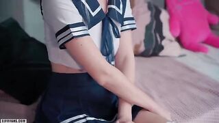 A cute schoolgirl was fucked and received a creampie and facial