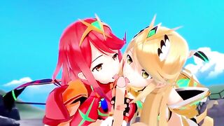 Xenoblade: threesome with Pyra and Mythra (3D Hentai)
