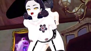 The tall vampire lady gets fucked doggystyle and receives a hand job with cum on face