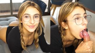 The cute girl took a big dick and received a warm throat pie