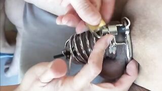 Femdom milking with chastity belt and e-stim for intense prostate play