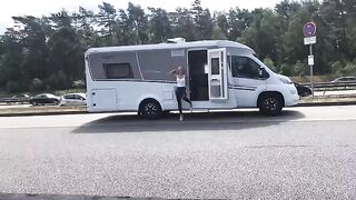 Public cum shot on the A1 motorway in wet look leggings, come hither!