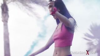 Skinny brunette Eliza Ibarra gets manhandled by Karl Toughlove in intense action