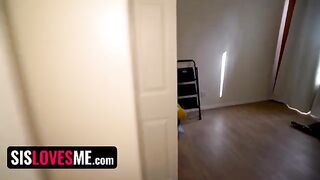 A hot step sister was interrupted while performing a naughty show for her online followers