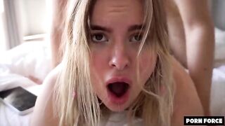 A cute blonde girl, MiradaVid, gets roughly fucked hard until she cums