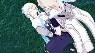 Aether and Futa Lumine are fucking in the meadow at night - Genshin Impact Hentai