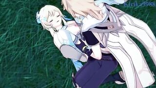 Aether and Futa Lumine are fucking in the meadow at night - Genshin Impact Hentai