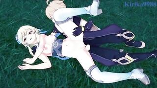 Aether and Futa Lumine are fucking in the meadow at night - Genshin Impact Hentai