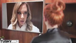 A hot mom takes charge in a steamy threesome scene
