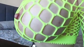 Big tits bring pleasure in green color