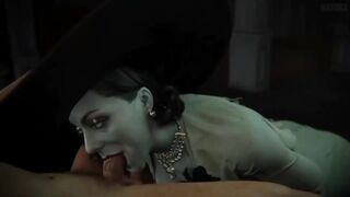 Lady Dimitrescu getting her pussy sucked by a lucky guy in an animated scene