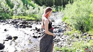A cute teenage girl in stockings gets fucked outdoors by a guy