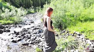 A cute teenage girl in stockings gets fucked outdoors by a guy