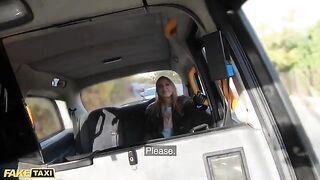 A hot chick is playing with a guy’s dick in his glove in a fake taxi scene