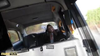 A hot chick is playing with a guy’s dick in his glove in a fake taxi scene