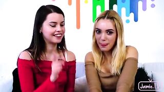 Two cute girls share Nico's big dick in their mouths