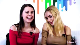 Two cute girls share Nico's big dick in their mouths