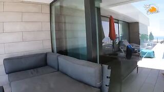 A blonde girl with socks in the swimming pool, enjoying passionate sex