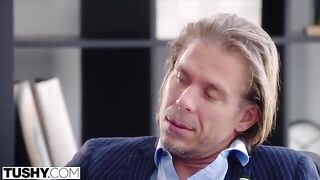 A hot temp named Hazel is getting fucked by her boss in an intense anal session