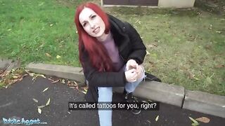 Redhead British girl shows her pierced boobs to earn some cash in this steamy Public Agent scene