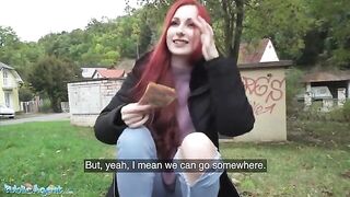 Redhead British girl shows her pierced boobs to earn some cash in this steamy Public Agent scene