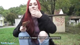 Redhead British girl shows her pierced boobs to earn some cash in this steamy Public Agent scene