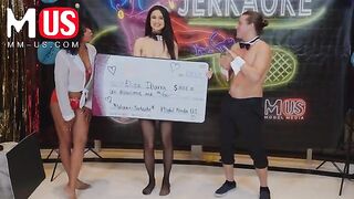 Brunette hottie Eliza Ibarra rides Jay Romero’s cock in a steamy game show scene