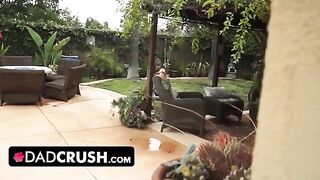 Fit teen lets pervert stepdad finger and fuck her outdoors by the pool