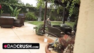 Fit teen lets pervert stepdad finger and fuck her outdoors by the pool