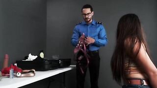 A naughty girl got caught with toys by a TSA agent in his office