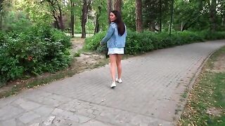 A quickie in the park with a hot brunette and a cum shot