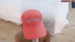 The cute racing girl has anal sex with a guy and gets cum in her ass