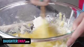 Two hot teen babes, Jill Kassidy and Arya Fae, are making a pie for their Dads