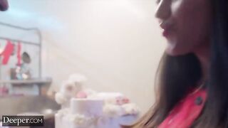 The girl is baking for a man, showcasing her skills in the kitchen