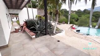 A girl is having fun with her boyfriend and his stepsister by the pool