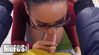 A hot chick lets a nerdy guy study her boobs and ass for money
