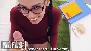 A hot chick lets a nerdy guy study her boobs and ass for money