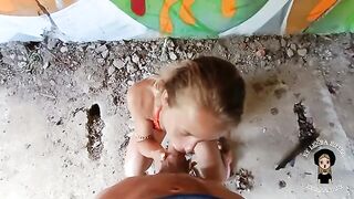 A beautiful blonde babe got fucked by a guy in an abandoned building, no condom
