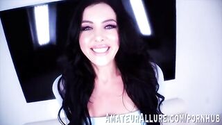 Theodora Day, a sexy brunette with striking blue eyes, gets fucked on camera