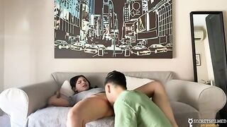 Stepsister and I stayed at home alone, so we fucked on the sofa
