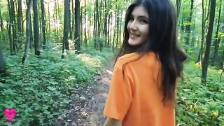 A girl on a forest walk got hungry, found a guy to feed her cum