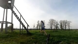 A Chihuahua was fucked on the hunting podium outdoors