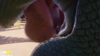 Two girls are having fun with a monster in 3D