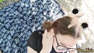 A cute schoolgirl gets a lot of warm cum on her face and hair