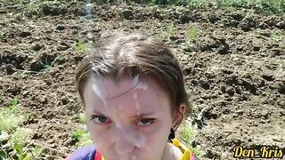 A cute schoolgirl gets a lot of warm cum on her face and hair