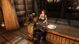Ysolda seduces a traveler in her tavern, a Skyrim classic