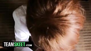 Innocent ginger housekeeper Abbey Rain drops to her knees and swallows a big cock